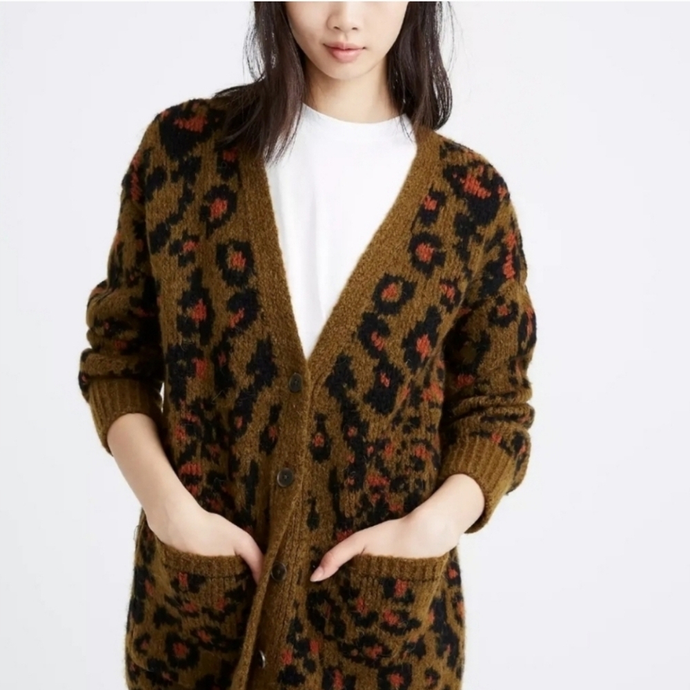 Madewell Cardigan Size-S  Brown Green Jungle Cat Button Up V-Neck Sweater